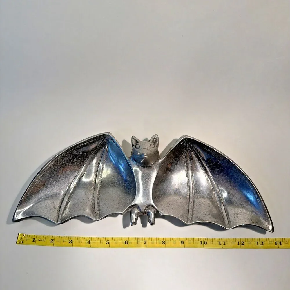 Heavy Silver Cast Metal Bat Tray Halloween Candy Dish Goth Catchall Trinket Bowl